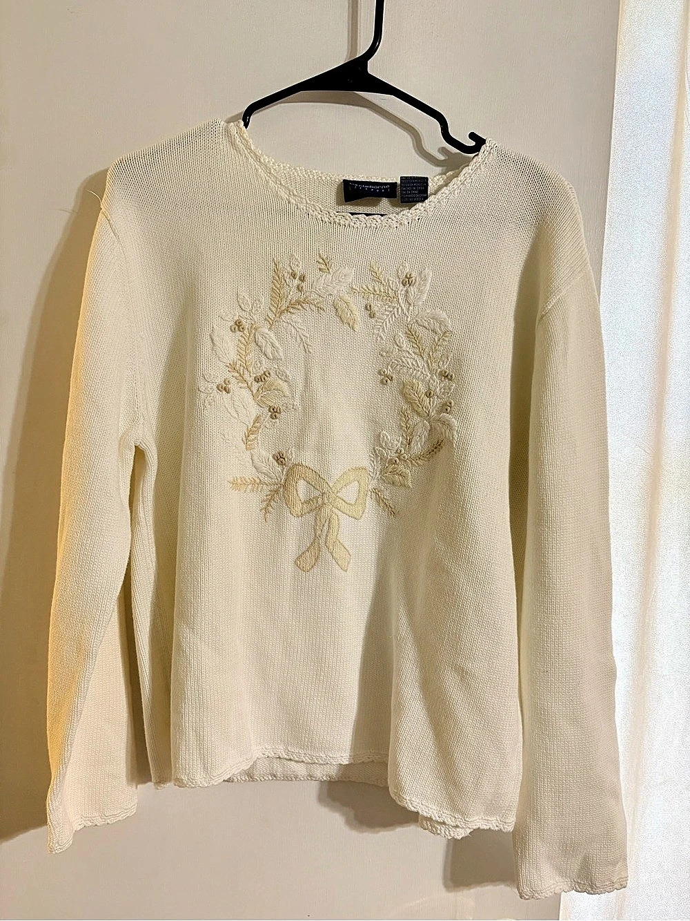 Vintage Liz Claiborne Cream Embroidered Wreath Knit Sweater Sz [large] NWT